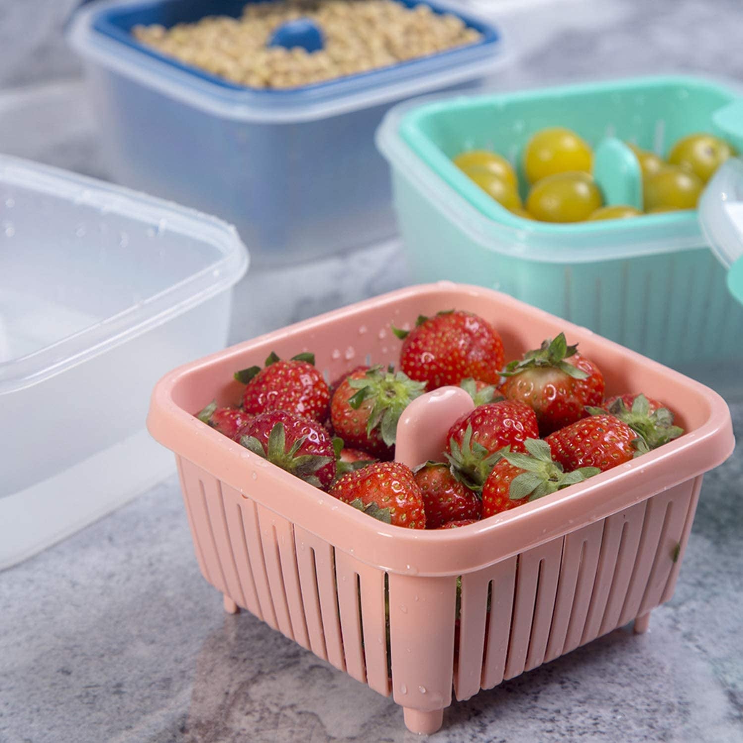 small product containers in pastel pink, blue, and darker blue