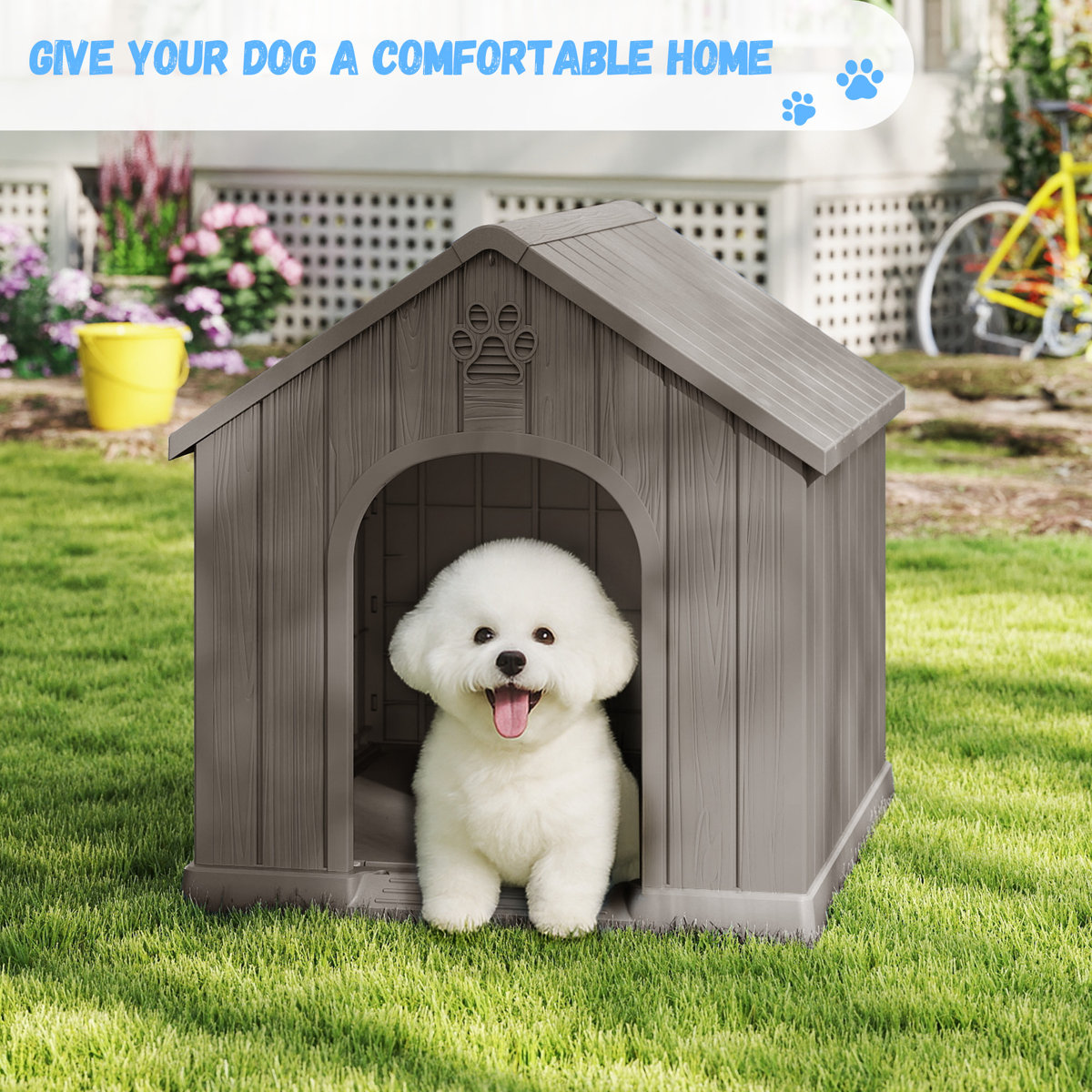 Fluffy achromatic  canine  sitting successful  a grey  doghouse outside, with substance   speechmaking  