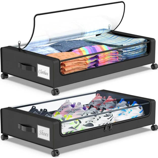 Two under-bed retention  containers with wide   lids, 1  holding folded apparel  and the different   holding shoes, some  labeled for casual  organization