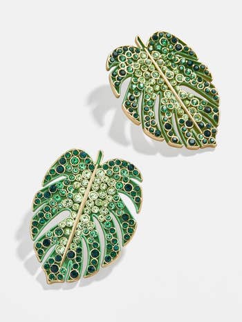 green oversized monstera leaf studs with glass jewels