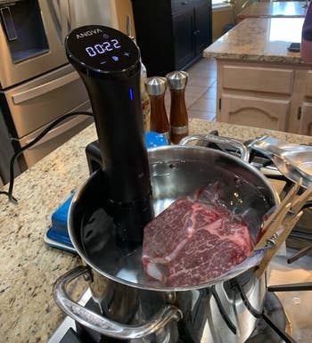 reviewer photo of the sous vide in a pot of water while cooking meat