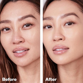 before and after of model with eyebags and then using concealer to cover it