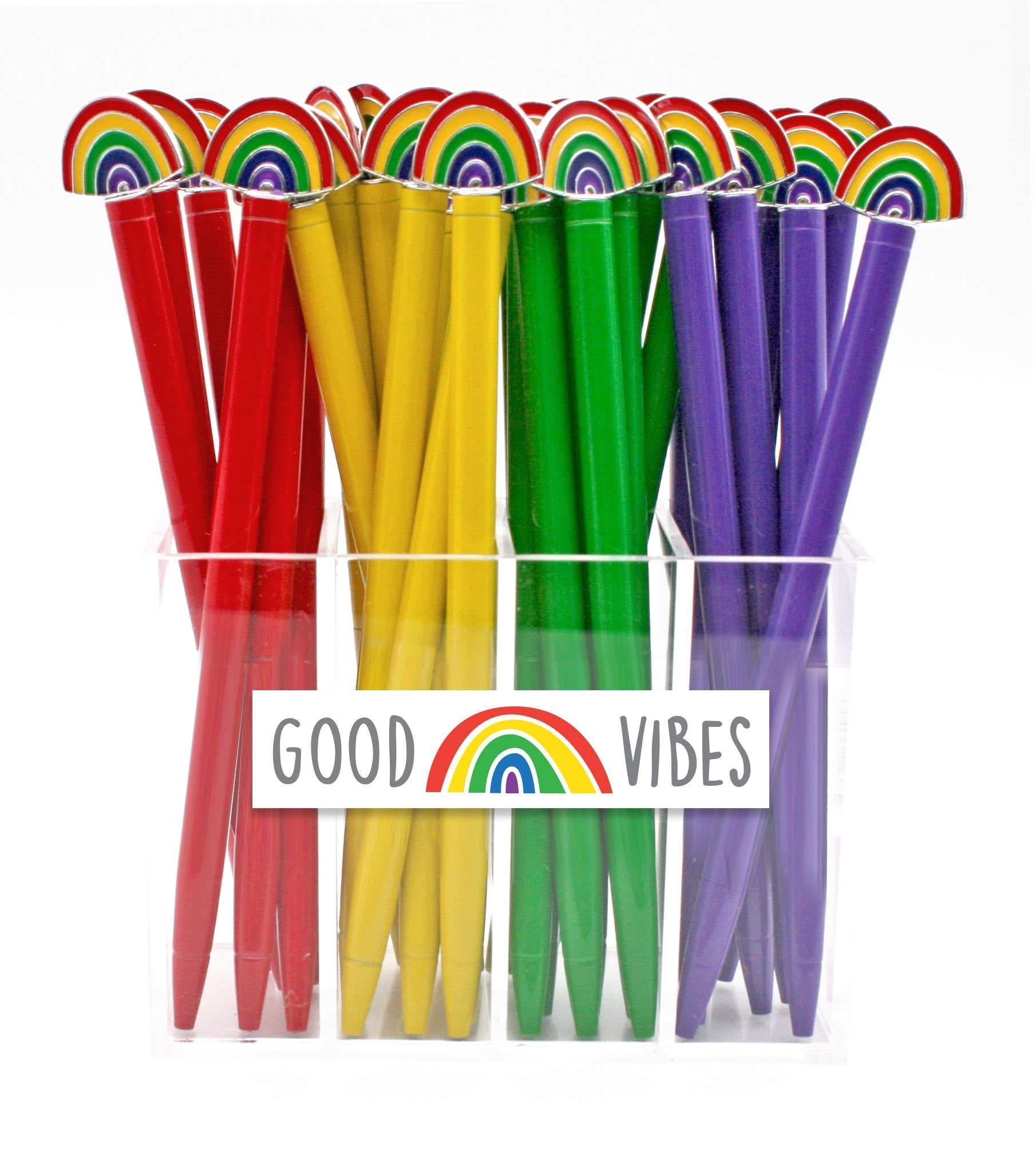 the pens in red, yellow, green, and purple