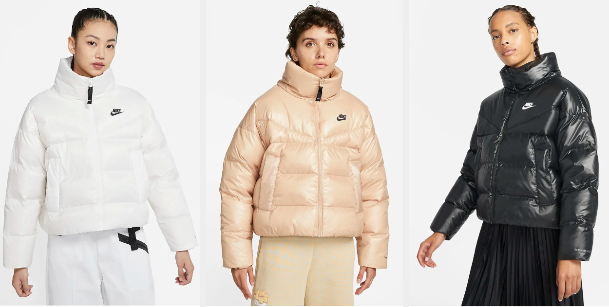 Three images of models wearing white, beige, and black jackets