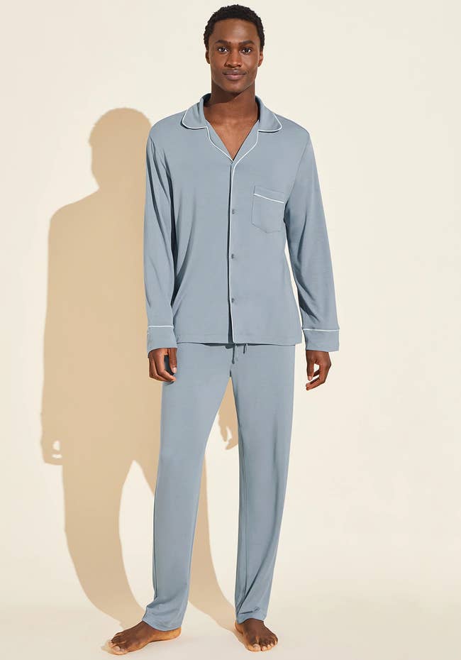 model wearing the light blue pajama set