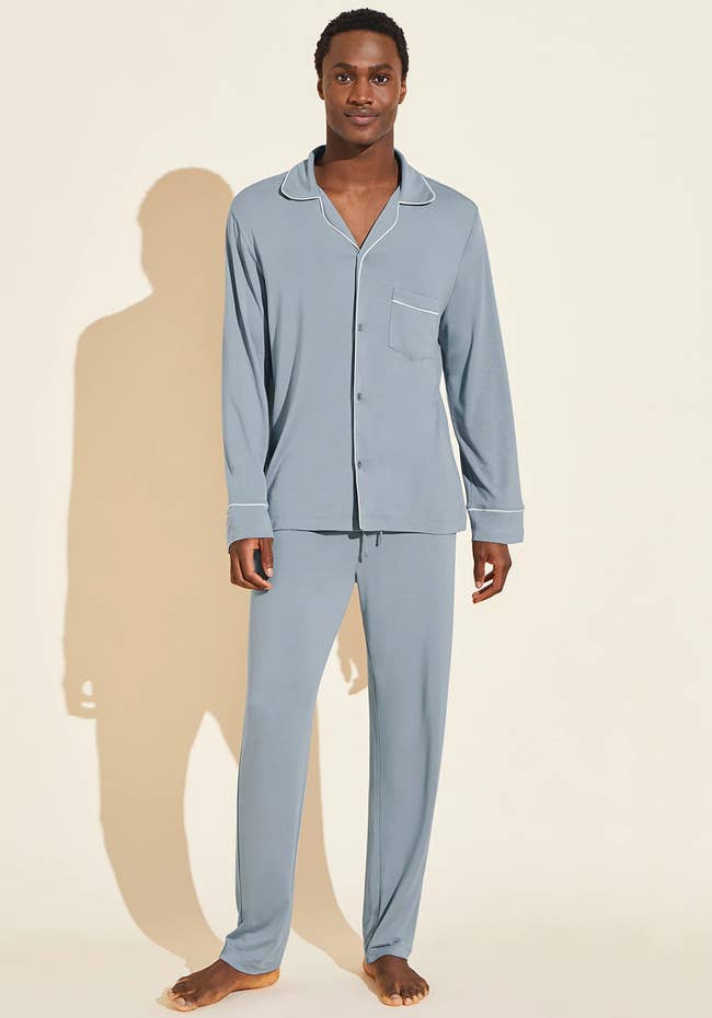 model wearing the light blue pajama set