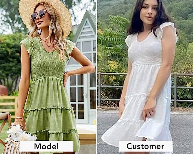 two models wearing the dress; one in green and one in white