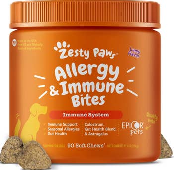Zesty Paws Allergy & Immune Bites for dogs, promoting immune support and gut health, lamb flavor, 90 soft chews in a container