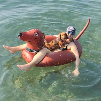 model and their dachshund in the tube with large head and tail