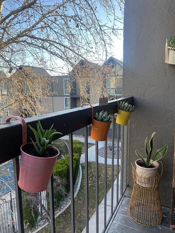 Balcony railing with hanging planters, adjacent to a potted works  connected  a stand, overlooking residential area. Ideal for small-space gardening