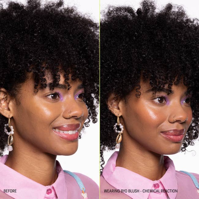 model before and after applying BYO blush, showing makeup effect