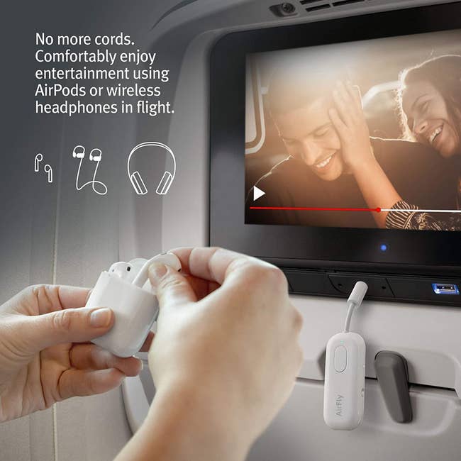 an AirFly connected to the headphone jack on an airplane and a model holding a pair of AirPods