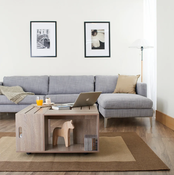 gray wooden storage coffee table in a living room