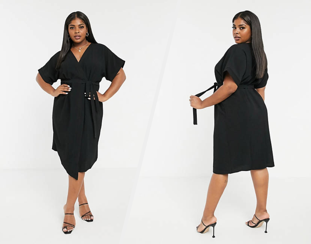 Two images of model wearing black midi dress