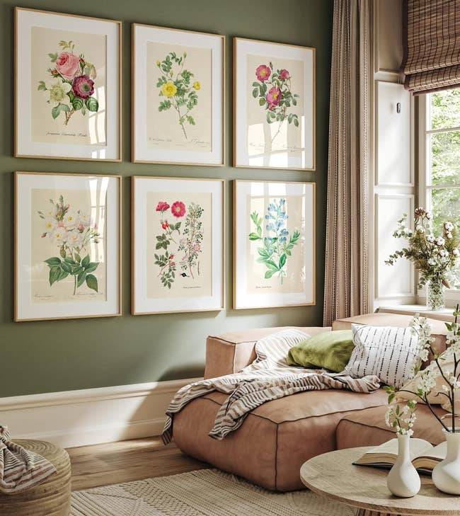 Wall with six framed botanical prints
