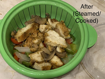 a reviewer photo of the same steamer and food with text reading