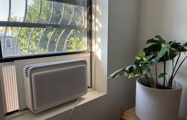 a reviewer photo of the AC installed in a window 