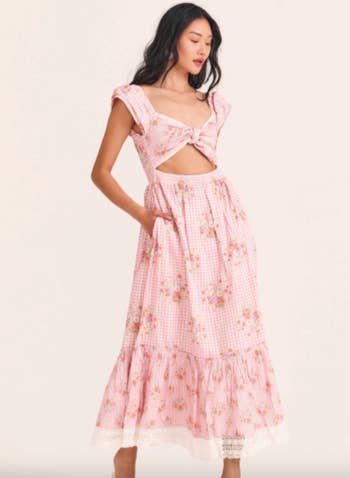 model in pink gingham and floral version