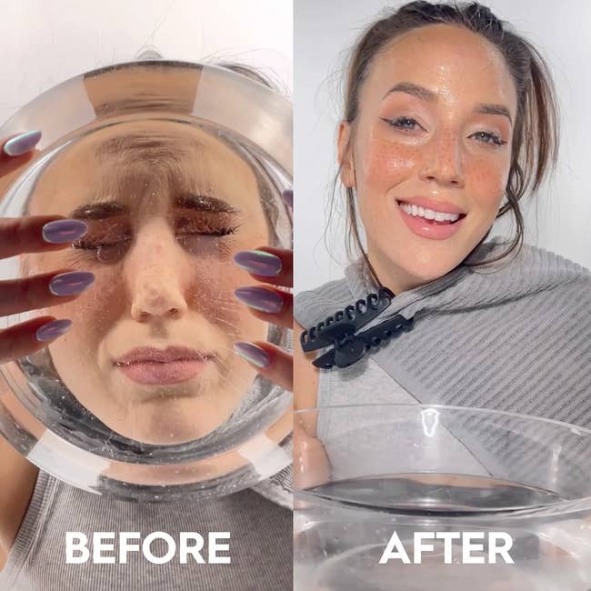 model before and after dunking face in water after using setting spray with makeup still in place