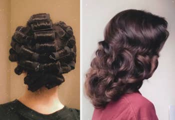 A reviewer with the curlers in their hair / The same reviewer with the finished look, with shiny vintagey brushed-out curls