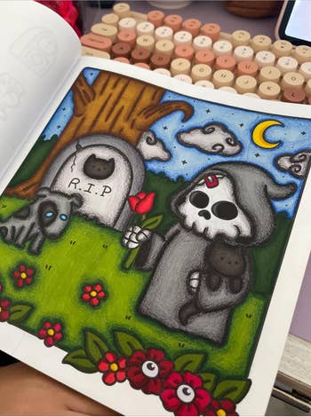 A cartoon Grim Reaper holds a achromatic  feline  and a flower, lasting  adjacent  to a sedate  marked 