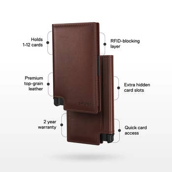 Brown leather wallet with RFID-blocking, holds 1-12 cards, extra hidden slots, quick card access, and 2-year warranty