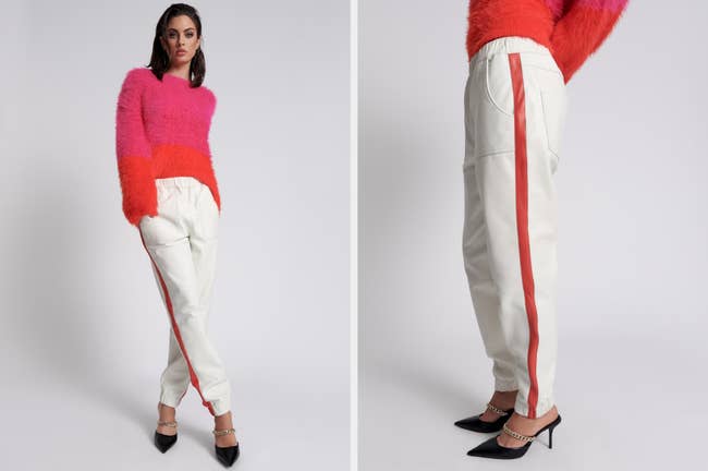 split image of a model wearing white and red-lined leather track pants
