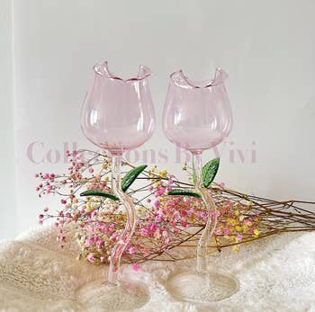 two rose shaped wine glasses