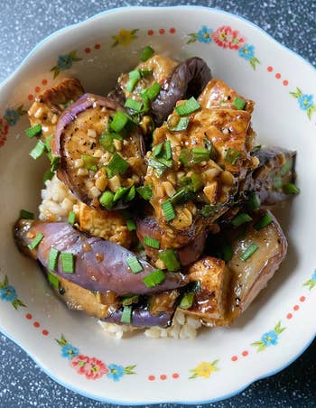 BuzzFeeder's photo of a bowl of eggplant with garlic sauce