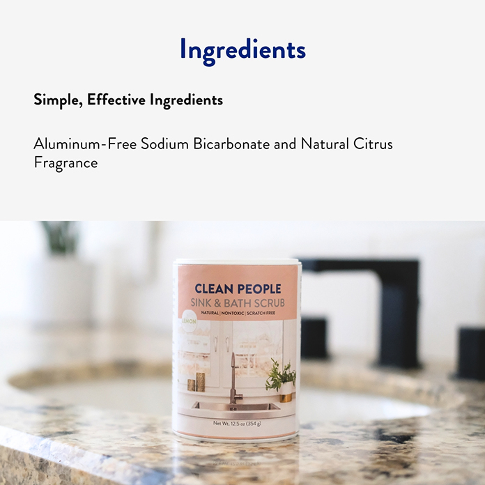 Container of Clean People Sink & Bath Scrub on a kitchen counter. Text highlights aluminum-free baking soda and natural citrus fragrance