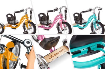 Six images of tricycle in yellow, pink, and teal