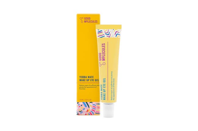 Good Molecules Yerba Mate Wake Up Eye Gel and its box, featuring a colorful design, displayed on a white background