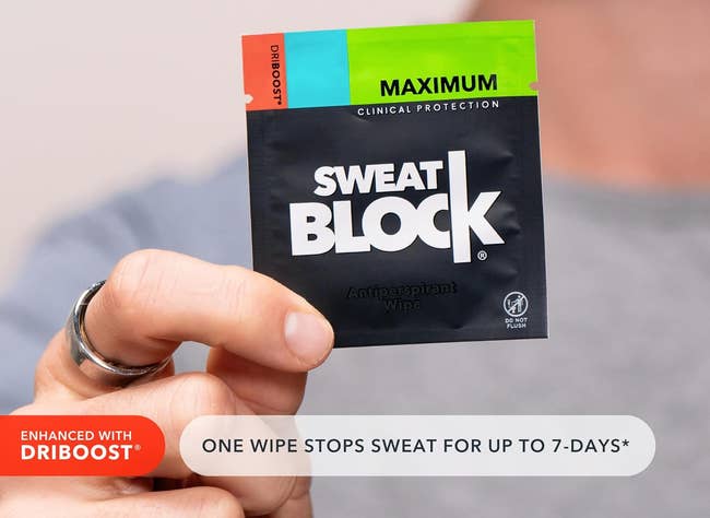 Person holding a SweatBlock antiperspirant hitch packet. The substance highlights its 7-day sweat extortion and DRIBOOST enhancement