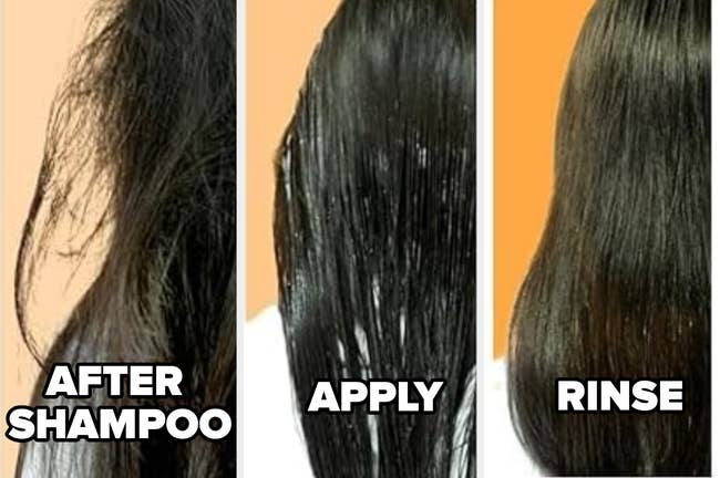 Hair transformation with product: frizzy to smooth. Steps: After Shampoo, Apply, Rinse
