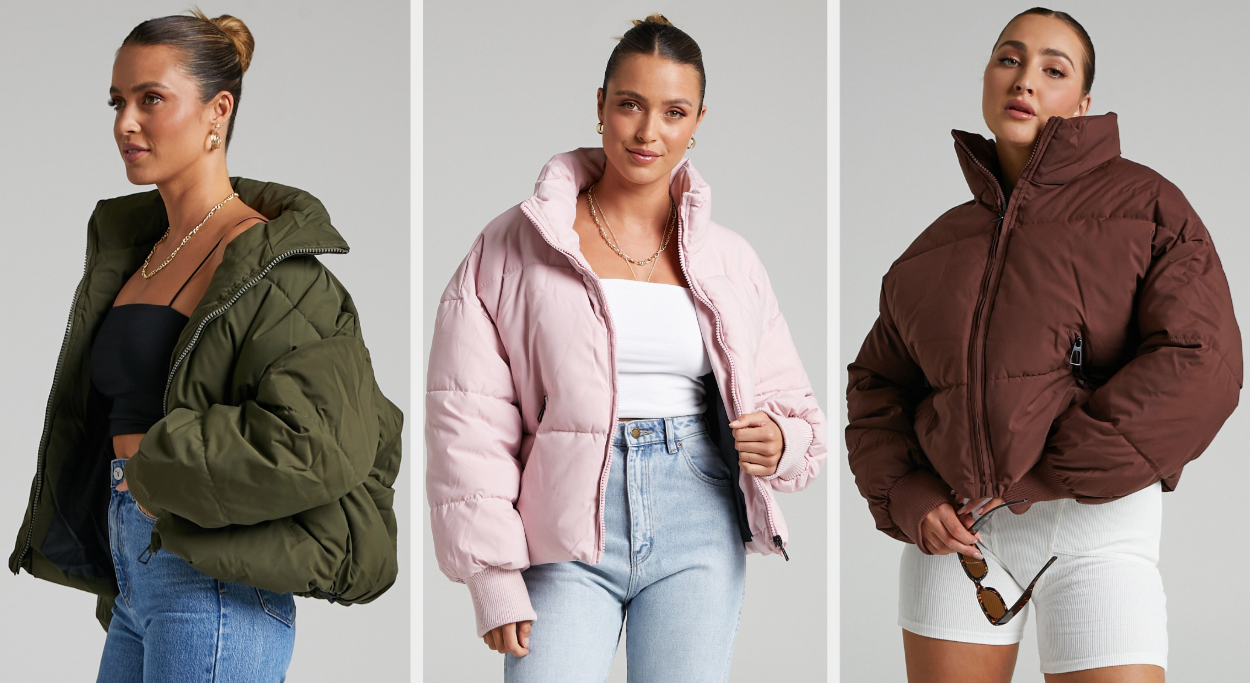 three images of models wearing green, pink, and brown jackets