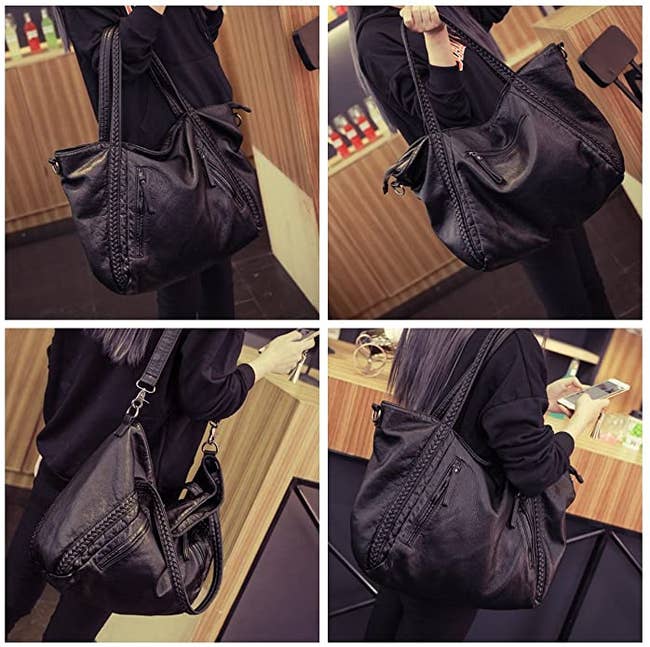 model carrying large black faux leather slouchy bag