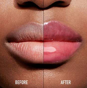 before and after of a model wearing the lip oil