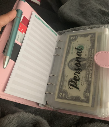 A small pink planner with hidden pockets on the side and binder pockets with cash in them 