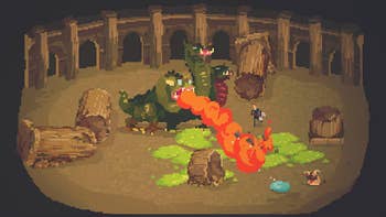a screenshot from the game showing a pixel character fighting a three-headed beast 