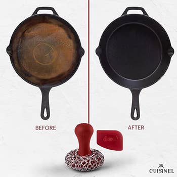 a before and after diagram showing a dirty skillet and a clean skillet
