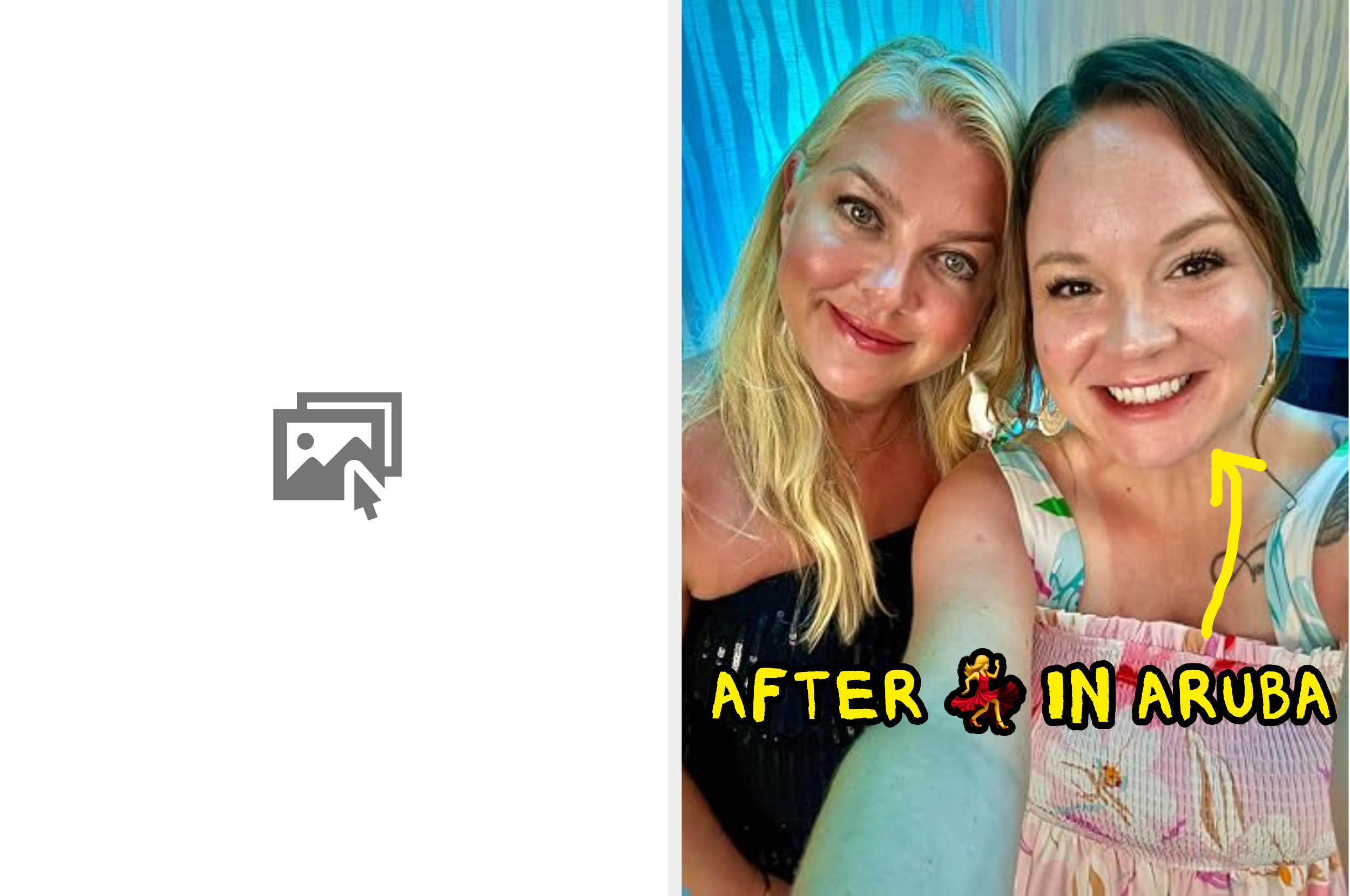 Two smiling women airs  together. The close    pistillate   wears a flower-patterned dress. Text connected  representation  reads 