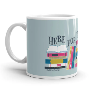 first half of the mug with a blue backdrop and book stacks that reads in black letters 