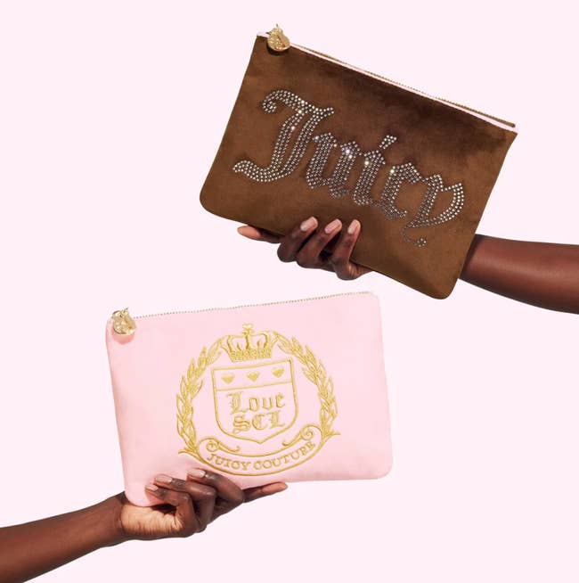two models holding both pink and brown embellished flat pouches