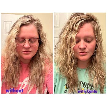 another reviewer's before photo with fine, frizzy hair and after the product looking much smoother and less frizzy