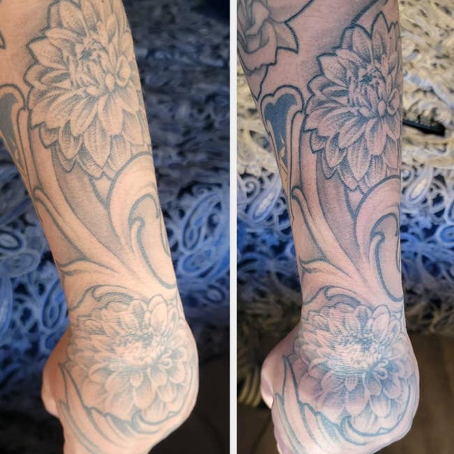 a reviewer's before and after of their arm tattoo which was faded and is now nice and dark again