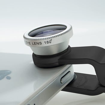 close-up of the lens clipped onto an iPhone