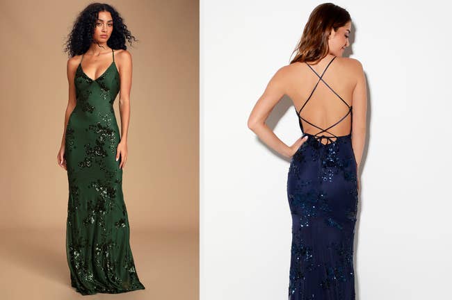 Model wearing floor length green sequin dress with spaghetti straps and v-neckline on a brown background, model wearing product in navy blue showing lace-up back on a white background