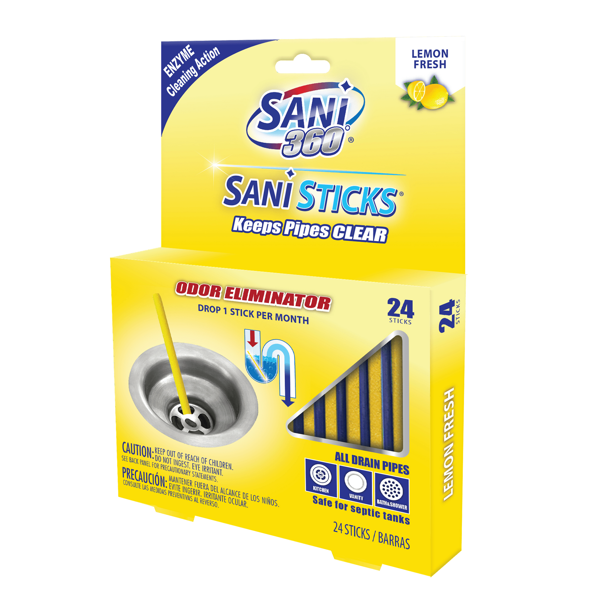 Sani 360 Sani Sticks bundle  showing 24 citrus  caller  sticks for cleaning and deodorizing pipes, with instructions to usage  1  instrumentality   per month