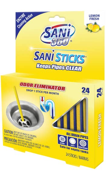 Sani 360 Sani Sticks bundle showing 24 citrus caller sticks for cleaning and deodorizing pipes, with instructions to usage 1 instrumentality per month