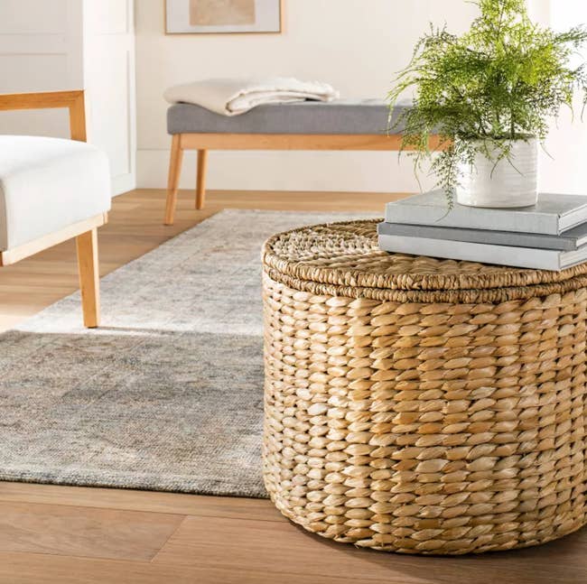 woven wicker storage coffee table with a stack of books and a plant on top